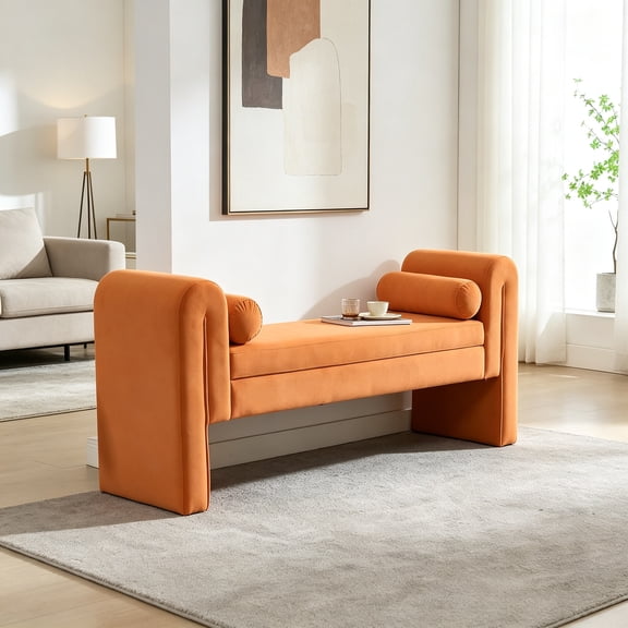 Modern Bench for Bedroom End of Bed, 60.5" Velvet Upholstered Rolled Armed Stool Bench, Sofa Ottoman Long Bench with 2 Pillows for Entryway, Hallway, Bedroom, Living Room, Orange