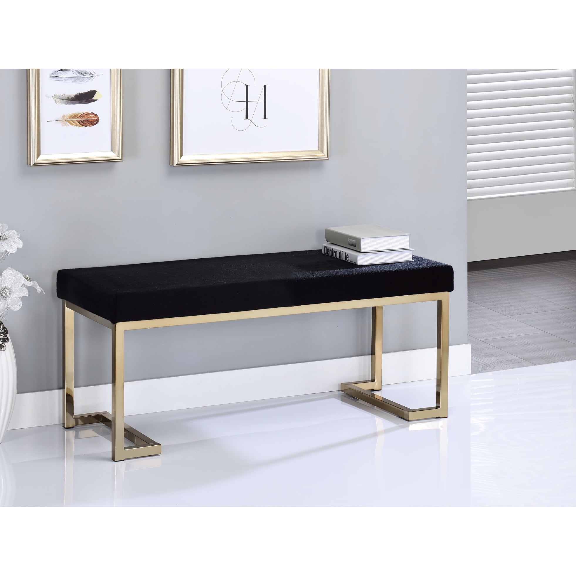 Modern Bench In Black Fabric And Champagne Style. Faux Fur Seating ...