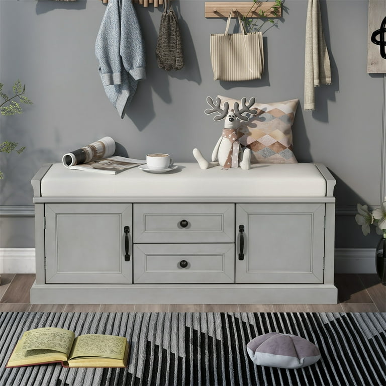 Modern Bench with Storage and Seating for Bedroom Accent Bench with Removable Cushion for Living Room Space Saving Shoe Bench Cabinet with 2 Drawers