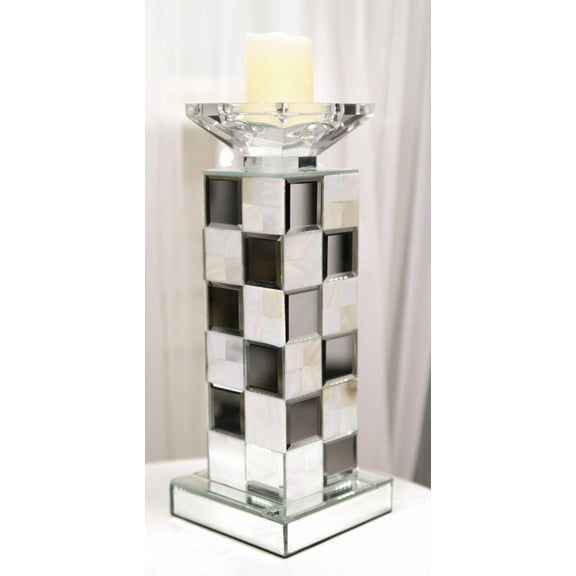 Modern Beveled Mirrors Capiz Shells Checkered Pillar Candle Holder Decor 14"