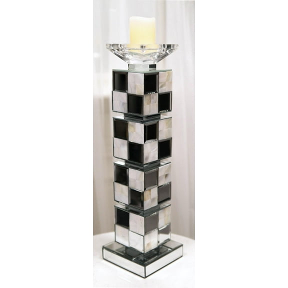 Modern Beveled Mirrors Capiz Shells Checkered Pillar Candle Holder Decor 18"