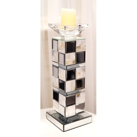 Modern Beveled Mirrors Capiz Shells Decorative Checkered Pillar Candle Holder