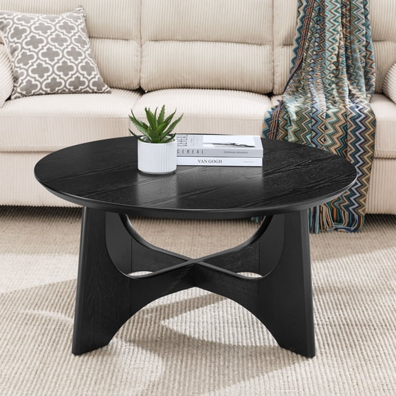 Modern Birch Round Coffee Table, Freestanding Wood Grain Coffee Table for Living Room Office Bedroom