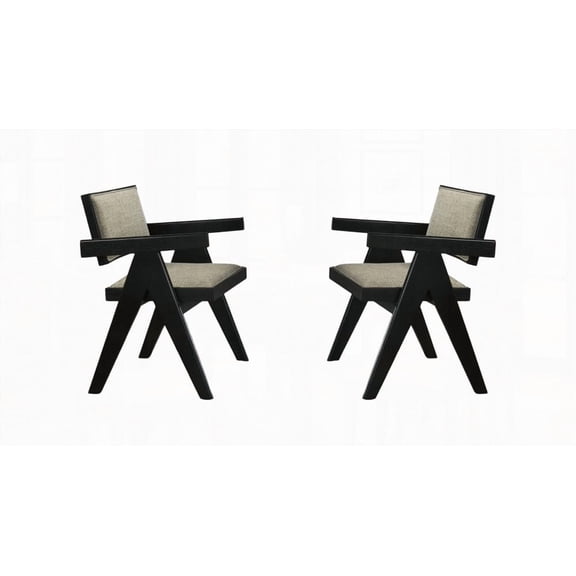 Modern Black 2-Piece Dining Arm Chairs - Gray Fabric, Plank Arms, Inverted V-Legs for Daily Meals