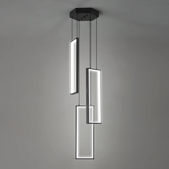Modern Black Chandelier – 8 Ring Rectangle LED Pendant Light, Dimmable, Adjustable Height – For Living Room, Dining, High Ceilings