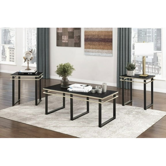 Modern Black 3pc Coffee and End Tables Set with Tempered Glass Top and Metal Frame for Living Room