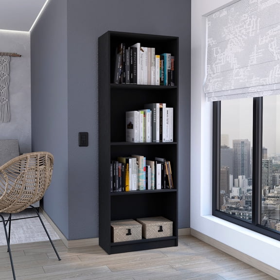 Modern Black 4-shelf Home Bookcase - Office Display Unit For Books And Decor Space & Decorative Items