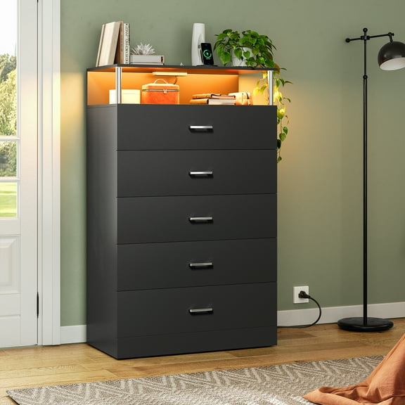Modern Black 5-Drawer Dresser for Bedroom, Tall Chest of Drawers with Soft Closing Drawers, Easy Assembly Wooden Storage Cabinet (29.5"W x 15.7"D x 43"H)