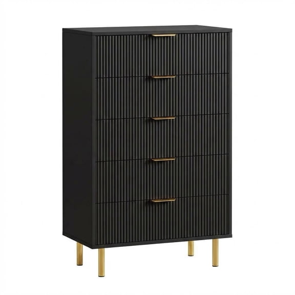 Modern Black 5 Drawer Dresser Chest - Tall Wooden Storage Cabinet with Gold Handles, Large Organizer for Bedroom, Living Room, Hallway, Entryway - Black