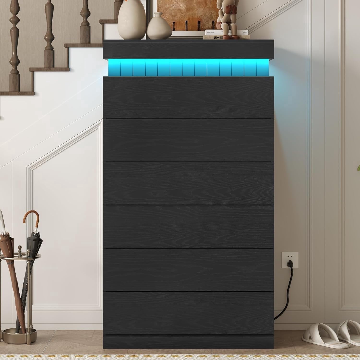 Modern Black 6 Drawer Dresser with Power Outlet & LED Lights, Wood Chest of Drawer Cabinet with Sliding Top, Floating Dressers for Bedroom, Living Room, Entryway, Weiplehoom