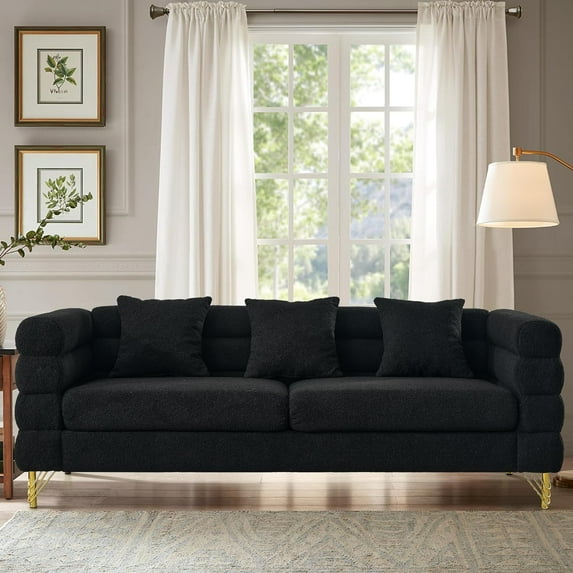 Modern Black 81" 3-Seater Sofa Teddy Fabric Sectional Sofa,Comfort Fabric Sectional Sofa-Deep Seating Sectional Sofa with 3 Pillows,Solid Wood Frame Gold Metal Legs…