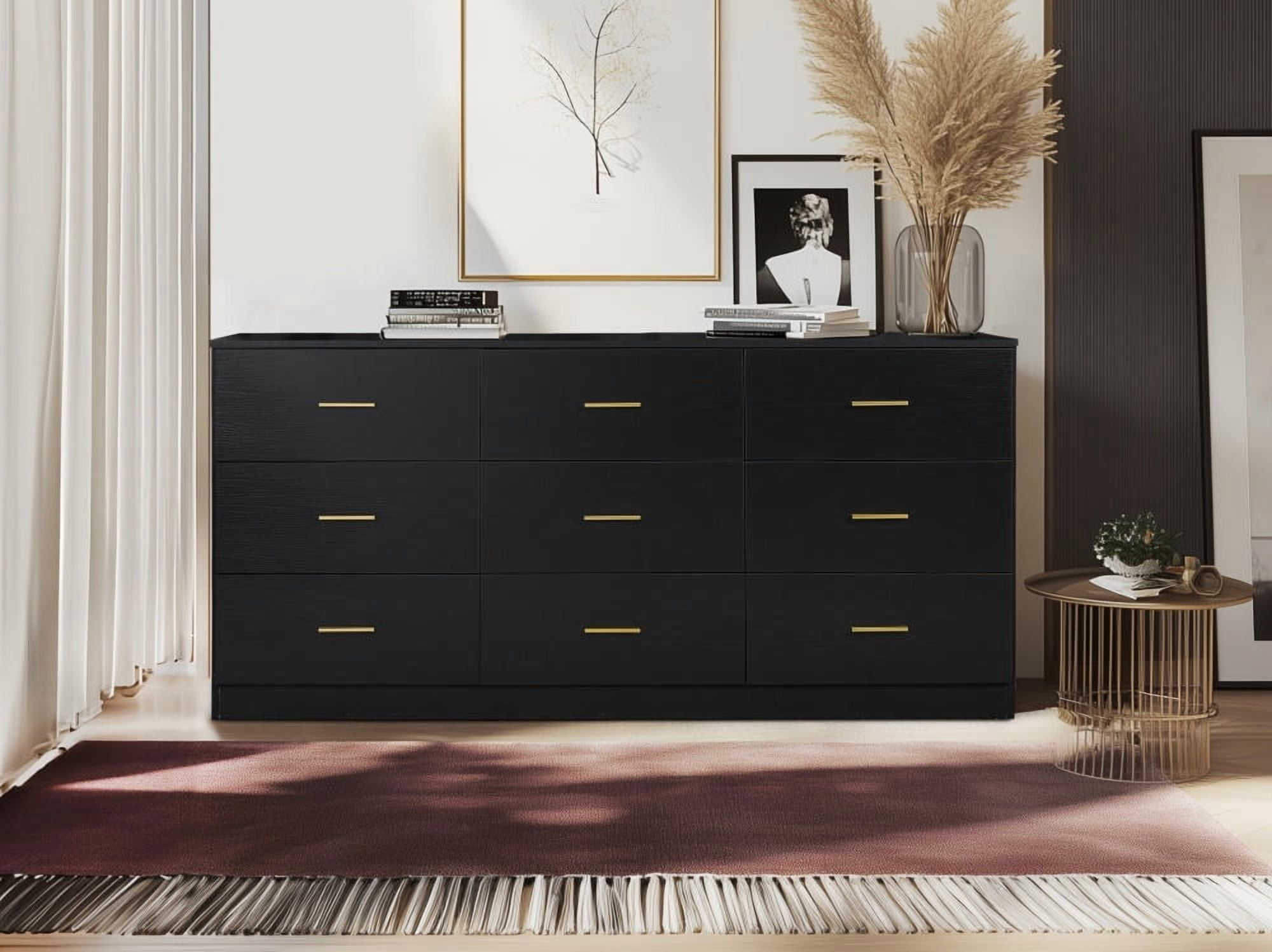 Modern Black 9-Drawer Dresser for Bedroom Storage - Wide Chest with ...
