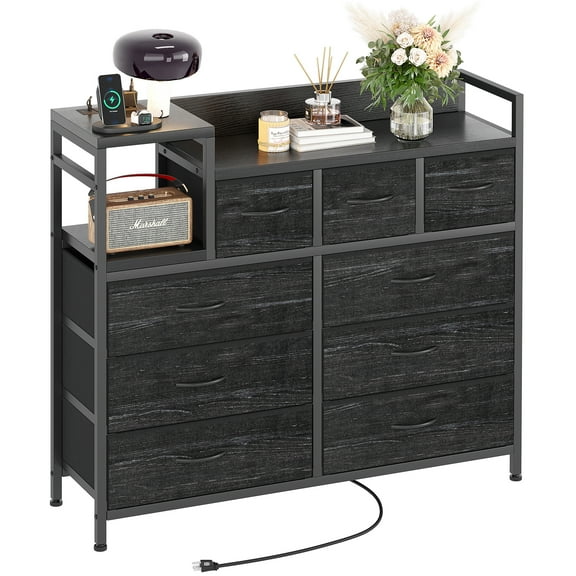 Modern Black 9-Drawer Fabric Dresser with Charging Station - Sturdy Metal Frame Chest of Drawers for Bedroom, Living Room, Closet Storage - Easy Assembly – Black Willow