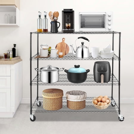 Modern Black Adjustable Wire Shelving with Wheels, 4-Tier Storage Shelf, Adjustable Storage Rack 24*60*54in
