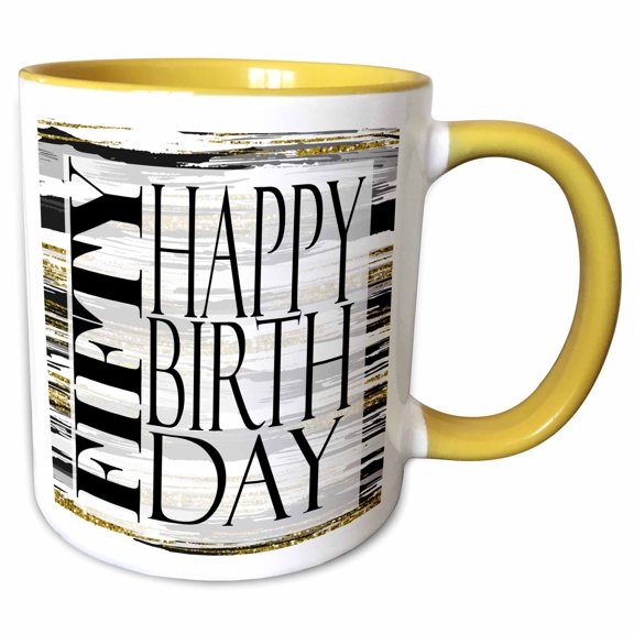 3drose, Modern Black and Image of Gold Brush Stroke Fifty Happy Birthday, 11oz Two-tone Yellow Mug