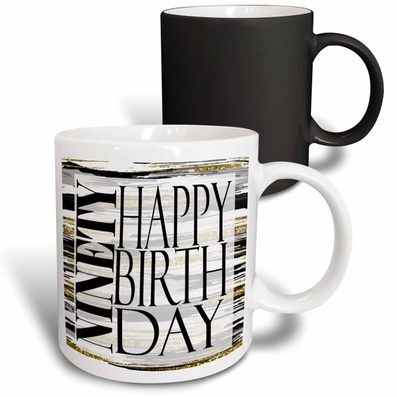 3drose, Modern Black and Image of Gold Brush Stroke Ninety Happy Birthday, 11oz Magic Transforming Mug