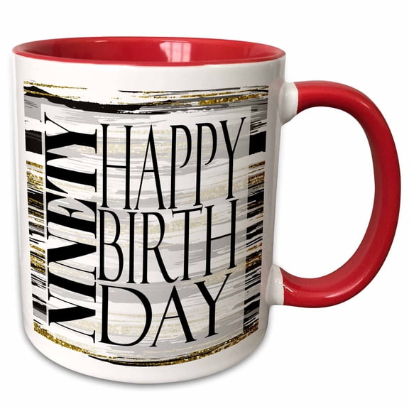 3drose, Modern Black and Image of Gold Brush Stroke Ninety Happy Birthday, 11oz Two-tone Red Mug