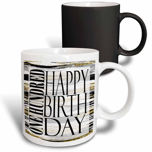 3drose, Modern Black and Image of Gold Brush Stroke One Hundred Happy Birthday, 11oz Magic Transforming Mug