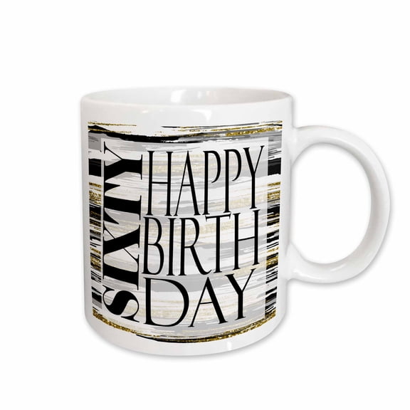 3drose, Modern Black and Image of Gold Brush Stroke Sixty Happy Birthday, 11oz Mug