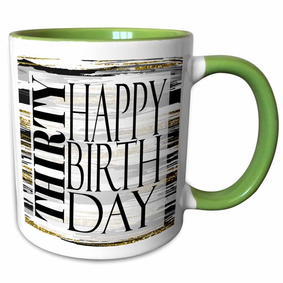 3drose, Modern Black and Image of Gold Brush Stroke Thirty Happy Birthday, 11oz Two-tone Green Mug