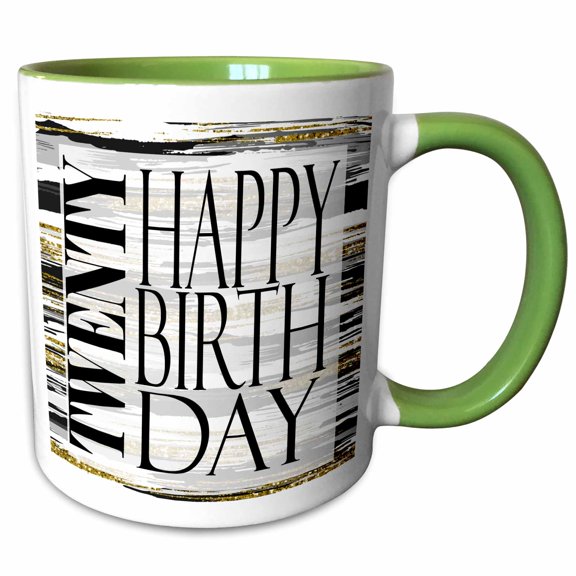 3drose, Modern Black and Image of Gold Brush Stroke Twenty Happy Birthday, 11oz Two-tone Green Mug