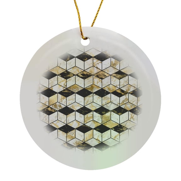 3drose, Modern Black and Image of Gold Diamond Cube Geometric Pattern, Circle Porcelain Ornament