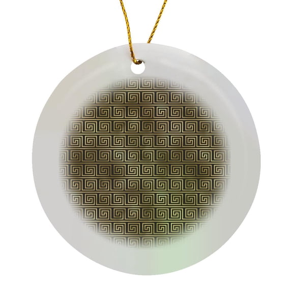 3drose, Modern Black and Image of Gold Greek Key Geometric Pattern, Circle Porcelain Ornament