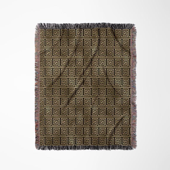 Modern Black And Image Of Gold Greek Key Geometric Pattern, Woven Blanket