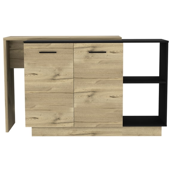 Modern Black And Oak Kitchen Island - Dinning Option, 2 Open Shelves, 3 Interior Particle Board Chic As Table, Shelf,