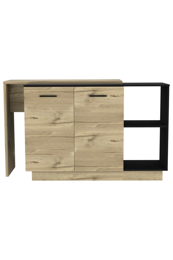 Modern Black And Oak Kitchen Island - Dinning Option, 2 Open Shelves, 3 Interior Particle Board Chic As Table, Shelf,