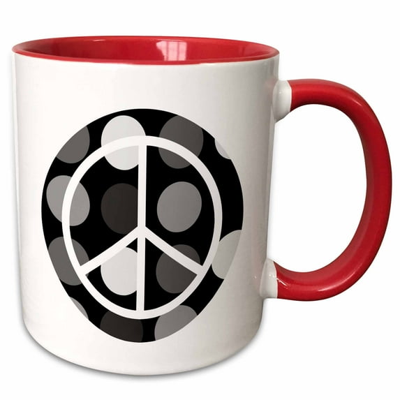 3drose, Modern Black and White Dots Peace Sign, 11oz Two-tone Red Mug