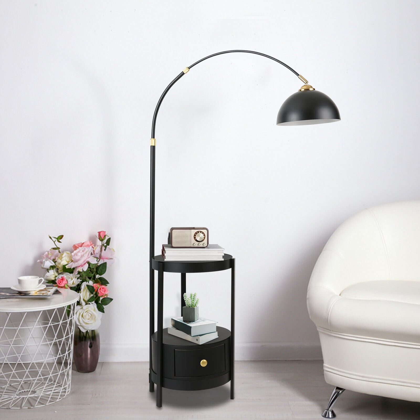 Modern Black Arched Floor Mount Lamp Iron Glass Adjustable Light for Living Room Bedroom