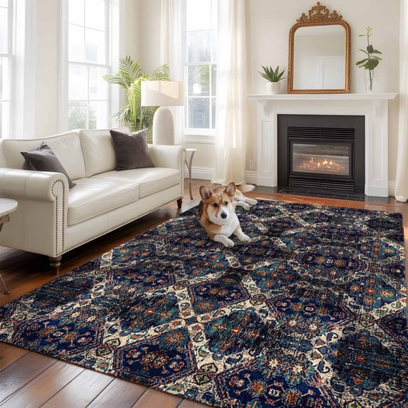 Modern Black, Area Rug 5x7 FT, Non Slip Bedroom Throw Carpet, Abstract Rustic Chic Geometric Bohemia Washable Soft Floor Carpet Non-Shedding Rug for Dining Room Bedside Classroom Desk