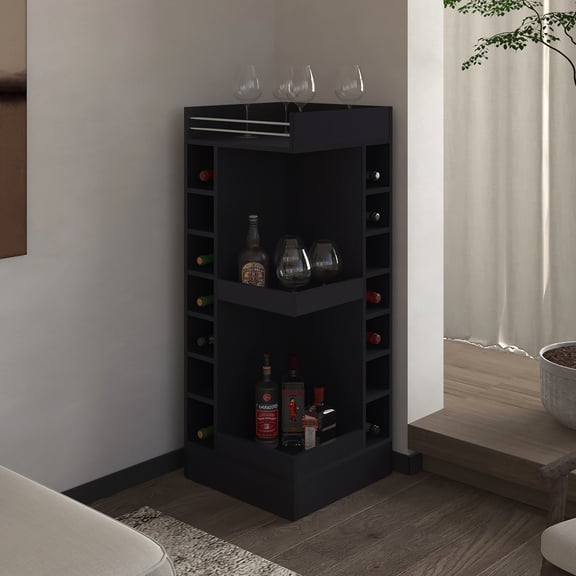Modern Black Bar Storage Cabinet - Wine And Glassware Scratch- Home Essential Corner Style Surface Living Area Addition