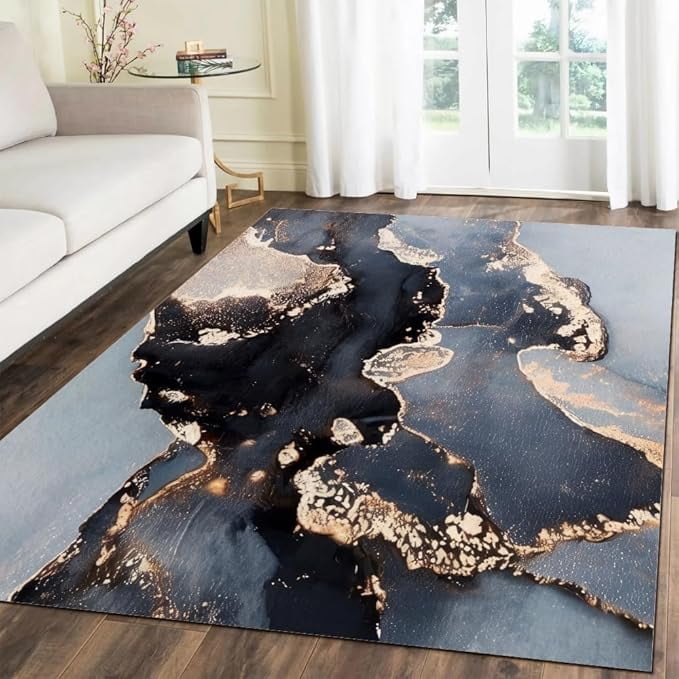 Modern Black Blue Marble Texture Area Rug, Abstract Gold Foil Decorate ...