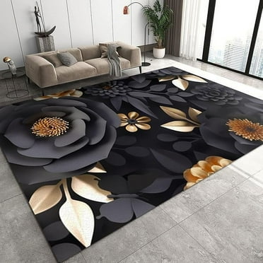 Modern Black Camellia Area Rug, European Style Golden Plants And Flowers Rugs, Large Non-Slip Machine Washable Decorative Rug For Living Room Bedroom Dining Room Farmhouse 4' x 6'