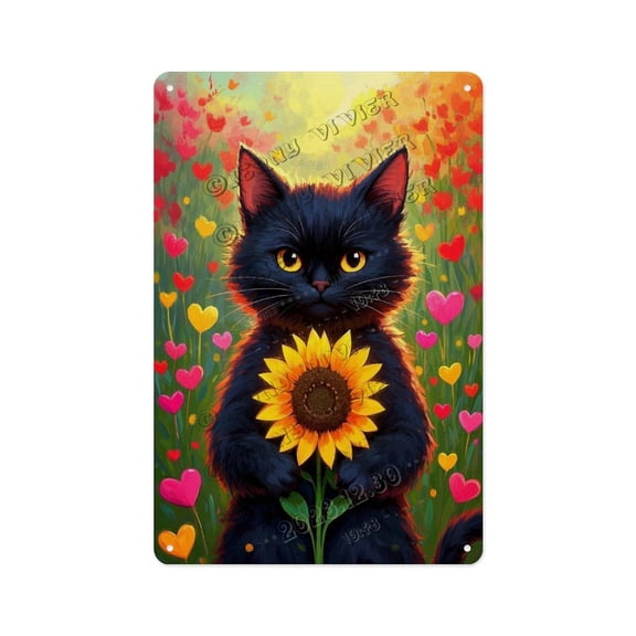 Modern Black Cat with Sunflower Tin Sign 12x16 Inch  Sleek Vintage Aluminum Decorative Tin Sign for Contemporary Kitchen, Loft, or Studio