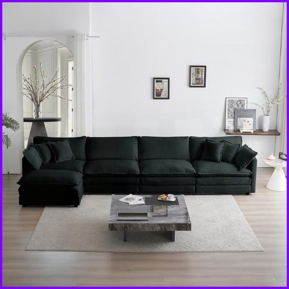 Modern Black Chenille U-Shaped Sectional Sofa - 5-Seater Modular Couch with Ottoman for Living Room