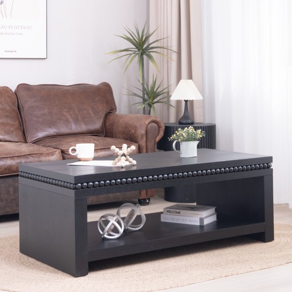 Modern Black Coffee Table with Beaded Trim 47 Inch Rectangular Design Featuring Open Storage Shelf for Living Room Organization and Space Saving Decor