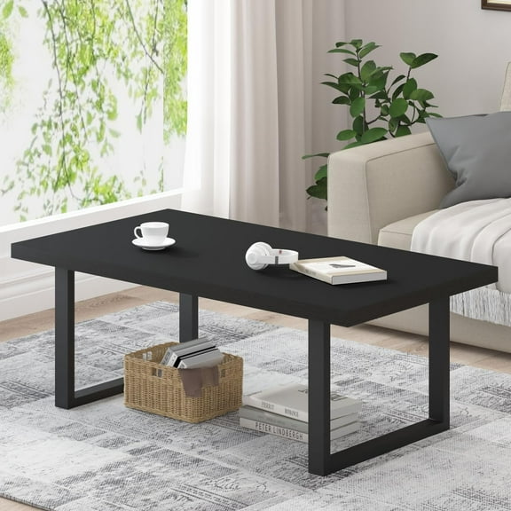 Modern Black Coffee Table, Minimalist Industrial Wooden Center Table, Simple Farmhouse Rectangle Living Room Table, Wood and Metal Cocktail Coffee Table for Home Bedroom Office, Black Oak, 47 Inch
