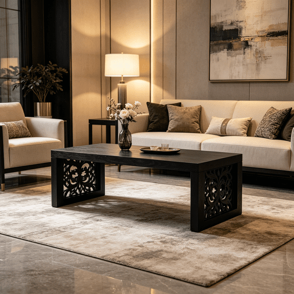 Modern Black Coffee Table with Carved Wood Panels, 47.2 Inch Large Rectangular Table for Living Room