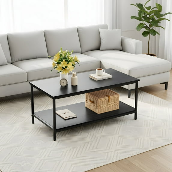 Modern Black Coffee Table with Storage - 2-Tier Design for Living Room