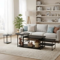 Modern Black Coffee Table with Storage - Faux Marble Top & Metal Frame