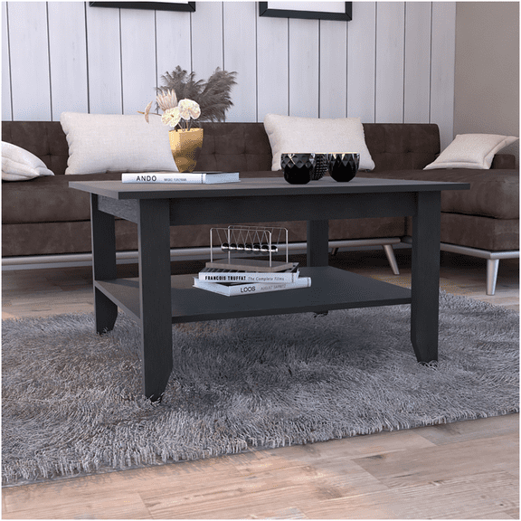 Modern Black Coffee Table with Storage Shelf, Particle Board Console Table for Living Room, Sofa Table with 4 Sturdy Legs