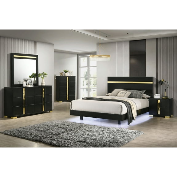Modern Black Color 4pc Bedroom Set Twin Size Bed w Underbed LED Dresser Mirror Nightstand Mattress Ready Bedframe