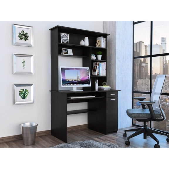 Modern Black Computer Desk - Hutch with Multiple Shelves - Office Use - Classic Design for Professional Setup