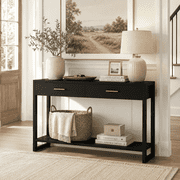 Modern Black Console Table with Smart Foot-Sensor Light, 2 Drawers and Open Shelf, Narrow Entryway Sofa Table with Gold Handles Living Room