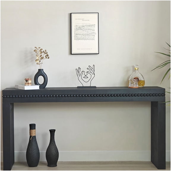 Modern Black Console Table with Beaded Trim, 64 Inch Entryway Sofa Table for Hallway Living Room