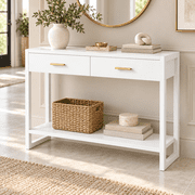 Modern White Console Table with Smart Foot-Sensor Light, 2 Drawers and Open Shelf, Narrow Entryway Sofa Table with Gold