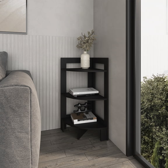 Modern Black Corner Shelf With Three Shelves For Bedroom Organization Simple Any Room